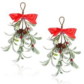 GEEHUA Mistletoe Christmas Tree Decor, Artificial Mistletoe Hanging Ornament with Bow, Xmas Mistletoe Hanging Bunch Glitter Christmas Tree Accessories Mistletoe Kissing Ball Decoration for Tree Door