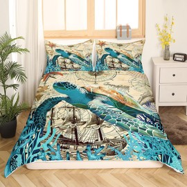 Feelyou Sea Turtle Bedding Set Queen Size Kids Nautical Sailboat Anchor Comforter Cover Set for Boys Girls Teens Compass Print Sea Adventure Duvet Cover Summer Ocean Voyage Bedspread Cover Room Decor