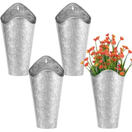 MUKCHAP 4 Pack Galvanized Metal Wall Planter, 12 Inches Tall Tin Wall Planter, Farmhouse Style Hanging Wall Vase Planters for Rustic Home Wall Décor and Artificial Plants, Silver