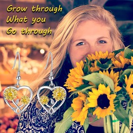 Silver Sunflower Heart Earrings for Women,925 Sterling Silver Sunflower,Daisy Heart Dangle Earrings, Sterling Silver, Cubic Zirconia