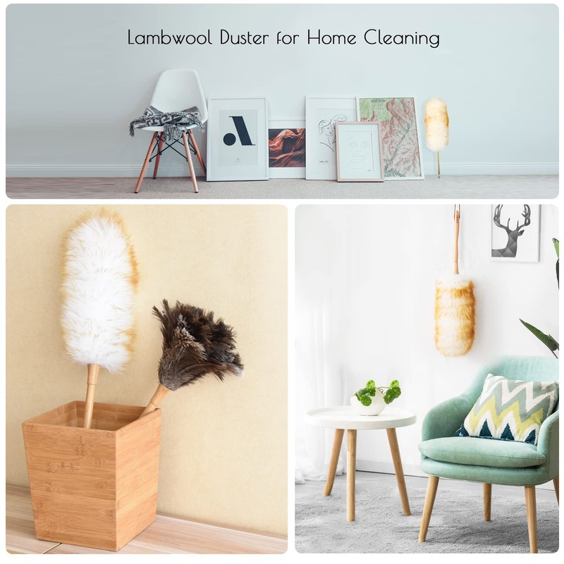 iHUFeather Lambswool Duster 14'' Length Solid Wooden Handle Leather Hang