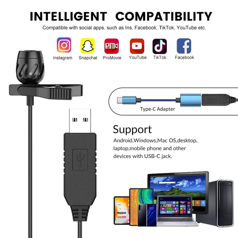 KMAG USB Lavalier Microphone, Lapel Microphone for Computer, USB-C Clip