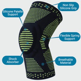360 RELIEF - Compression Knee Brace with Patella Gel Pad and Side Stabilizers | Supports for Joint Comfort, Sports and Running, for Women and Men | Medium, Green with Mesh Laundry Bag