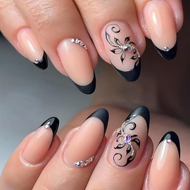 Black French Press on Nails Medium Length Almond Shaped False Nails Glitter Rhinestones Flower Design Fake Nails Artificial Acrylic Nails Full Cover Reusable Coffin Nails Glue on Nails for Women