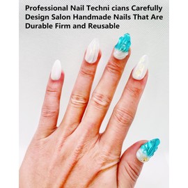 CAMILCY Press on Nails Handmade Nails Luxury Reusable Fake Nails For Girls Short Almond Armor Blue white Diamonds HandPainted Salon Loveful Design Acrylic Gel UV Finished For Women 3D Nails 10PCS M