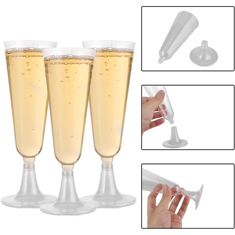 Taoyanmo Premium Elegant Plastic Champagne Flutes with Gold Glitter, 150ml