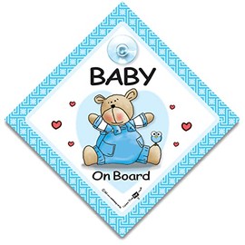 Baby On Board Sign Blue Bear, Baby On Board Sign, Grandchild On Board Car Window Sign, High Visibility Advisory Car Sign Designed to Let Other Road Users a Child is in The Car, 14 cm x 14cm x 2cm