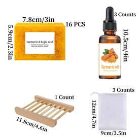 Turmeric & Kojic Acid Soap Bars, Turmeric Bar Soaps and Serums Set, 16pcs Turmeric Kojic Acid Soap & 3 Counts Turmeric Oil & 1 Count Soap Dish & 3 Counts Soap Bag, Body & Face Care for Women & Men
