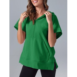 Fisoew Womens Oversized Half Zip Hoodies Short Sleeve Casual Sweatshirts Pullover Tops with Pockets Green