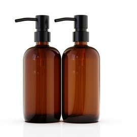 16oz Empty Stainless Steel Pump Bottles Dispenser 2 Pack Amber Refillable Pump Bottle for Shampoo, Liquid Soap, Massage Oil