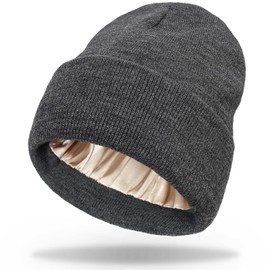LINSOCLE Women's Winter Warm Beanie Hat, Women's Cuffed Beanie, Unisex Warm Knitted Hat Satin Lined Thermal Winter Hat, darkgray