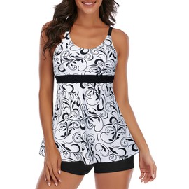 Tankini Sets for Women UK, Plus Size Swimwear for Women, Women's Tankinis, Tummy Control Swimming Costume with Shorts, Black White, XL