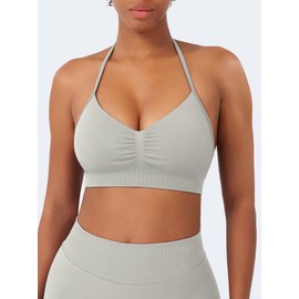 YEOREO SoftHue Women Halter Sports Bra Longline Strappy Bras Vanie V Neck Padded Seamless Open Back Workout Gym Crop Top Feather Beige L