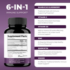 Elderberry Vitamin C and Zinc with Quercetin & Vitamin D3 | 6-in-1 Immunity Supplement | Sambucus Elder Berry Antioxidants Capsules for Adults | Supports Immune Health | 120 Count (Pack of 2)