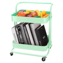 Uxcell 2 Tier Rolling Storage Cart With Handle and Lockable Wheels for Kitchen, Living Room - Green Trolley Organizer