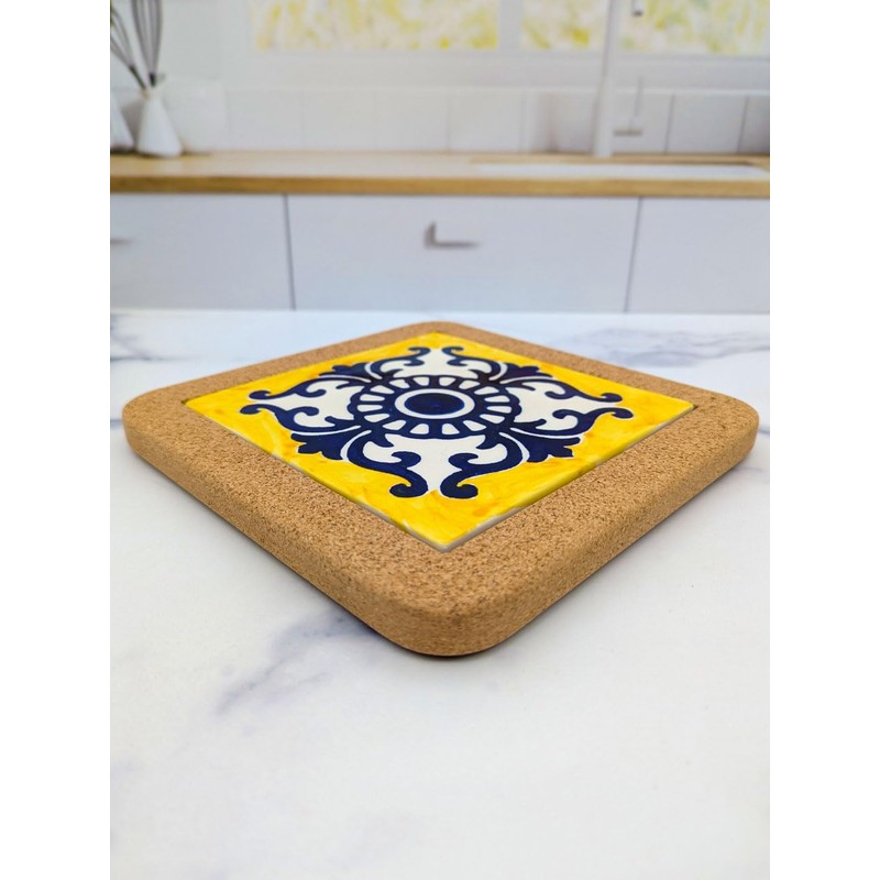 Portuguese Ceramic Tiles Trivet with Cork Base for Hot Pots
