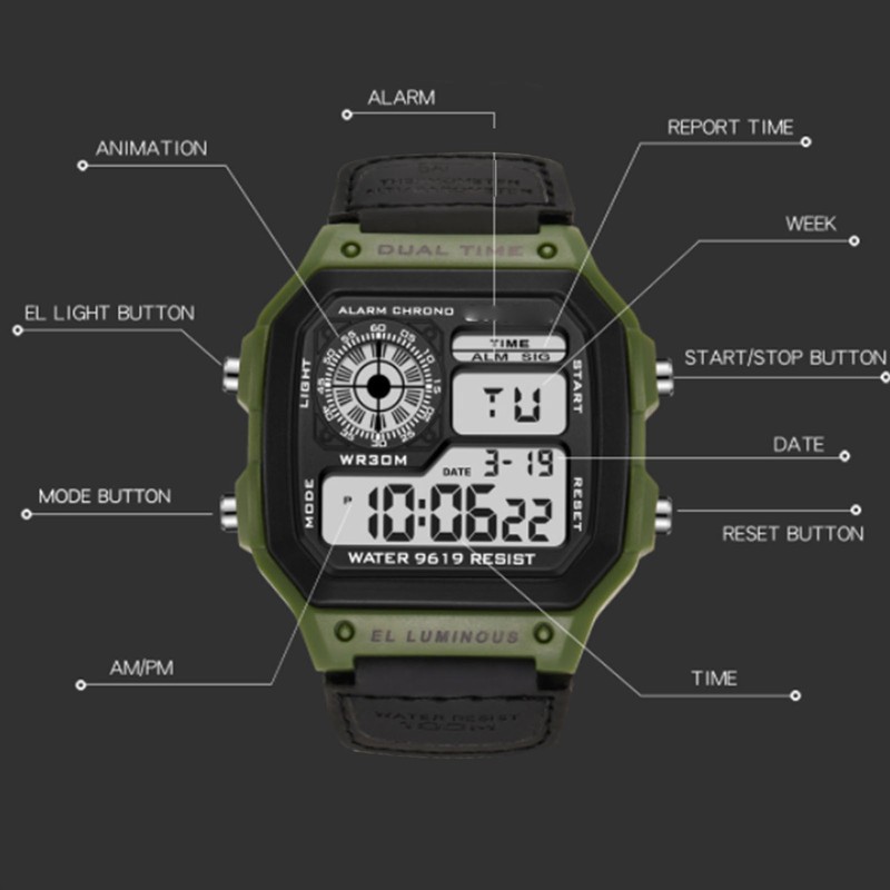 Digital Sport Watch Canvas Strap Luminous Waterproof Retro Sport Watch