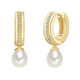 Valero Pearls - Hoop Earrings with Freshwater Pearl - 925 Sterling Silver (Yellow Gold-plated) - Pearl Jewellery with Cubic Zirconia, Zirconia Earrings, Silver Jewelry - 60925044