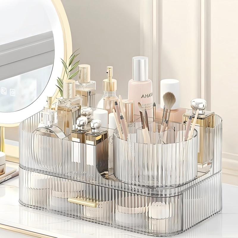 DASITON Makeup Organizer with Drawers and Rotating Makeup Brush Holder,Large