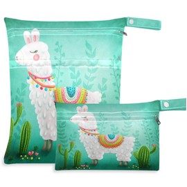 visesunny Cute Llama 2Pcs Wet Bag with Zippered Pockets Washable Reusable Roomy for Travel,Beach,Pool,Daycare,Stroller,Diapers,Dirty Gym Clothes, Wet Swimsuits, Toiletries