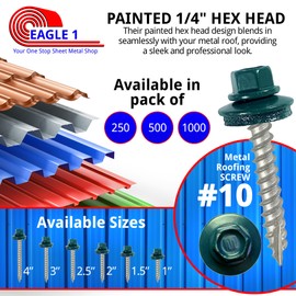 EAGLE 1 Metal Roofing Screws #10 - Painted Hex Head Self-Tapping Screws with EDPM Rubber Washer for Metal to Wood, Vinyl, Small Sheet Metal - Free Magnetic Driver (Evergreen, 1.5 Inch, 1000)