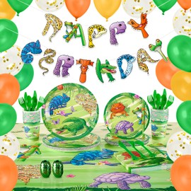 WERNNSAI Reptile Party Supplies Set - 137 PCS Reptile Birthday Party Decorations for Boys Jungle Camping Party Supplies Snakes Lizard Banner Tablecloth Plates Cups Napkins Balloons Serves 16 Guests