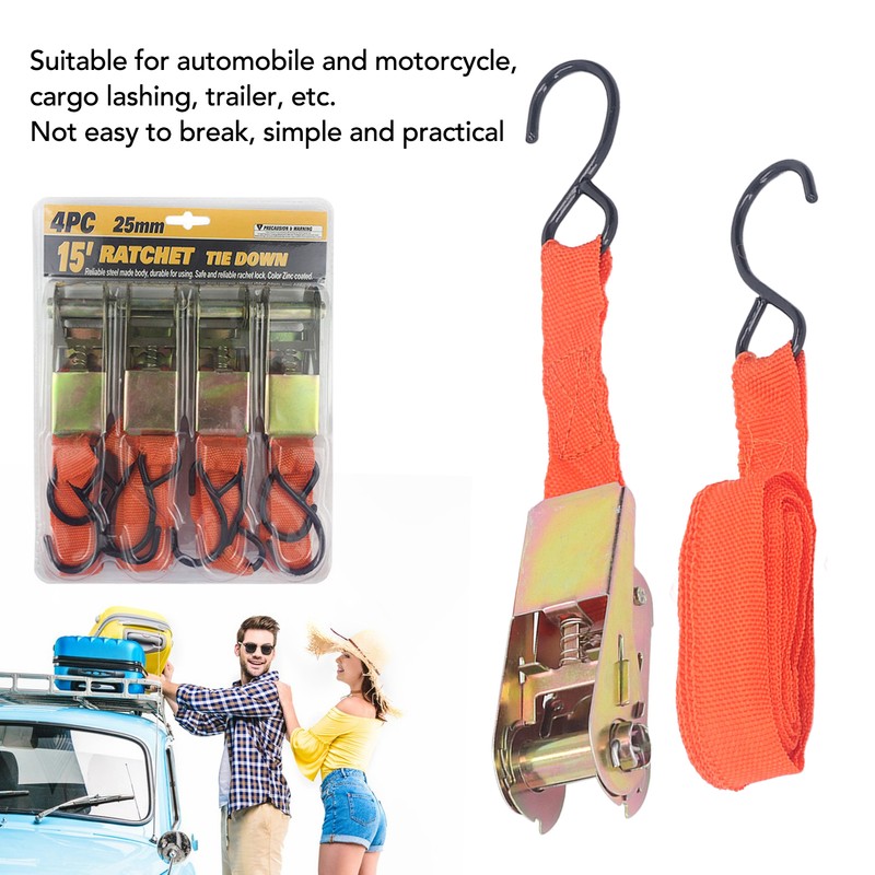 4Pcs Ratchet Tie Down Straps Motorcycle Car Buckle Set 15in