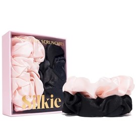 SILKIE Juego de 2 coleteros de seda de morera 100 % pura, color crema, rosa, café, negro, grande, de gran tamaño, de seda, para el cabello, elásticos,