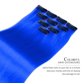 Yamel Colored Hair Extensions 10 Pieces 20 inch Sapphire Blue Clip in Hair Extensions for Women Synthetic Straight Hairpieces for Christmas Costume Party
