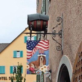 Patriotic Usa Flag July Of 4th Basset Hound Dog Flower Garden Flag 12x18 Inch Double Sided Vertical Decoration Yard Small Flag For Outside Holiday Seasonal Outdoor