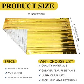 Macarrie 100 Pack Emergency Thermal Blankets Silver Foil Survival Blanket Space Blanket Survival Kit for Outdoors, Camping, Hiking, Homeless, Survival or First Aid (Gold)