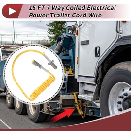 HEROFFIX 7 Way Long Tail Coiled Electrical Power Trailer Cord Wire Male Plug Trailer Extension Cable for Semi Trucks Tractors 15 Feet Yellow Zinc Alloy