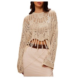 GORGLITTER Women's Crochet Lightweight Sweaters Boho Fringe Hollow Out Long Sleeve Poncho Trendy Pullover Crop Tops Beige X-Large