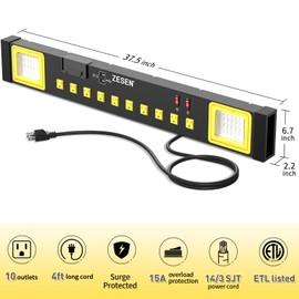 ZESEN 10 Outlet Power Strip with LED Worklight, Heavy Duty Metal Power Strip Surge Protector 4ft Cord with 2-Port USB Charge, ETL Listed for Workshop Garage Office Home