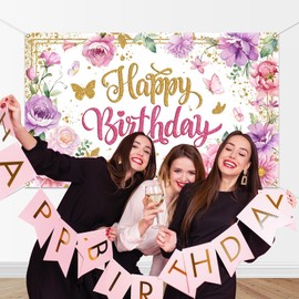Mocsicka Happy Birthday Backdrop for Women Pink Floral Happy Birthday Party Decorations Purple Flower Glitters Birthday Banner 70.8 x 43.3 Inch