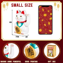 Chunful 6 Inch Lucky Cat Waving Arm Maneki Neko Lucky Beckoning Feng Shui Wealth Cat for Welcoming Fortune Wealth Prosperity Decoration, Battery Not Included(White Color)