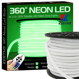 KERTME 360° Neon Led Type AC 110-120V 360 Degree NEON LED Light Strip, Flexible/Waterproof/Dimmable/Multi-Modes LED Rope Light + Remote for Home/Garden/Building Decor (16.4ft/5m, Green)
