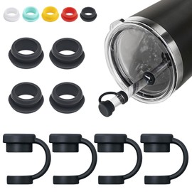 Straw Cover for YETI Cup, 4 Sets Silicone Spill Stopper Compatible with YETI Tumbler, Leak Proof Kit of Mug Accessories Including 4 Straw Cover, 4 Leak Proof Stopper (Black 4PCS)
