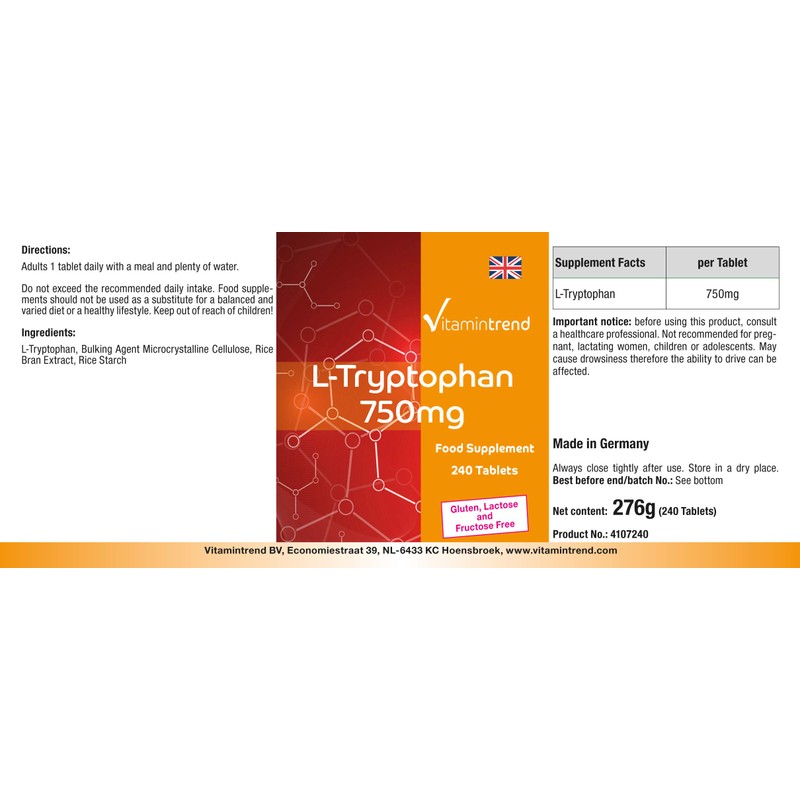L-Tryptophan 750 mg – 240 Vegan Tablets – High Dosage,