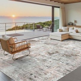 Soalmost 9x12 Area Rugs for Living Room, Non Slip Machine Washable Vintage Rugs, Low Pile Lightweight Large Rug for Bedroom, Dining Room, Home Office Grey Pink