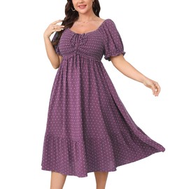 SCOMCHIC Women Plus Size Summer Dress Puff Short Sleeve Smocked Drawstring Ruffle Boho Swiss Dot Casual Midi Dresses Purple