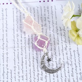 Soulnioi Soulnioi Natural Crystal Raw Stone Car Hanging Ornament Rose Quartz Crystal Amethyst Rough Stone with Moon Pendant Ornameent Home Car Decor Gift (Pink & Purple)