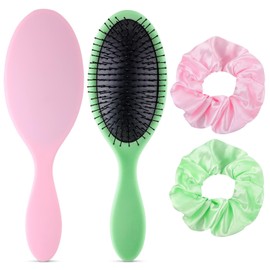 Meanplan 4pcs Pink and Green Hair Brush and Scrunchies Set Witch Party Favors Detangling Brush for All Hair Types, Elastic Scrunchies Ropes Accessories for Women Girls Party Gift