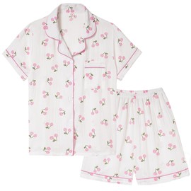 Vopmocld Big Girls Button Down Sleepwear Short Sleeve With Shorts 2PCS Pajama Sets Casual Lapel Loungewear Patterns Printed, 2PCS-PinkCherry, 16