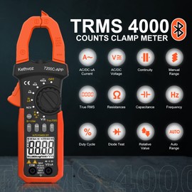 Clamp Meter Multimeter, TRMS 4000 Counts Kethvoz Digital Clamp Ammeter AC/DC Voltmeter w/Bluetooth Data Export & NCV multi meter for Volt Amp Ohm Resistance Capacitance Frequency Mini Multi Tester