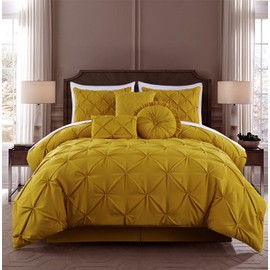 Chezmoi Collection Sydney Mustard Yellow Comforter Set Queen Size 7-Piece Pinch Pleated Pintuck Comforter Lightweight Bedding for All Season
