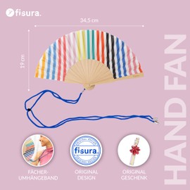 FISURA Original Fan with Colourful Stripes, Modern and Colourful Wooden Fan, Mini Handheld Fan with Hanger, Size: 34.5 cm x 23 cm, Mini, Striped, One Size