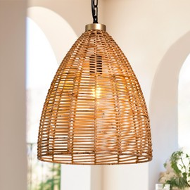 GEPOW Rattan Farmhouse Pendant Light Fixtures, 1-Light Large Boho Natural Hand-Woven Pendant Lights Kitchen Island, 14.2'' in Dia