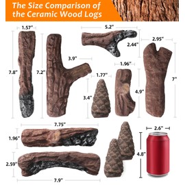 10 Pcs Gas Fireplace Logs, Small Size Ceramic Premium Heat-Resistant Wood Log for Indoor/Outdoor Gas Inserts, Ventless, Fireplaces and Fire Pits,Perfect for Holidays, Christmas Ambiance