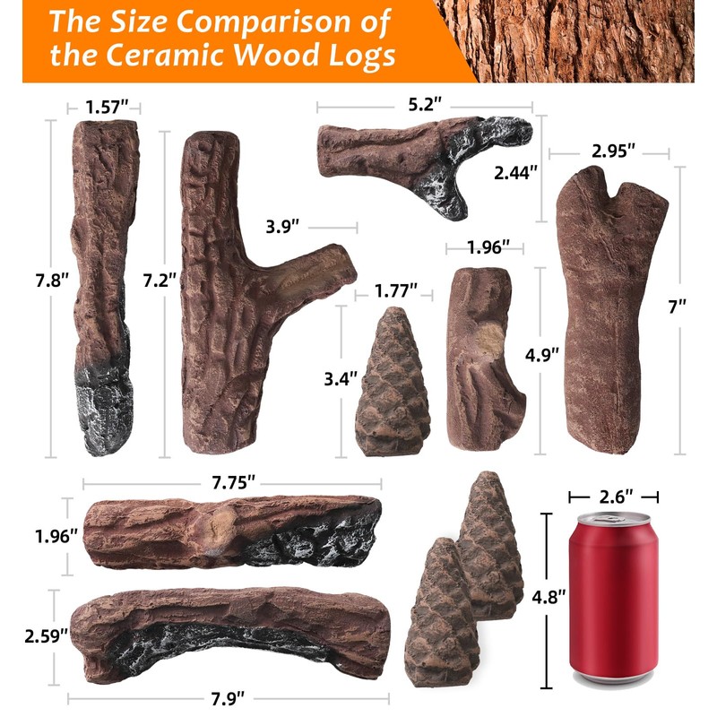 10 Pcs Gas Fireplace Logs, Small Size Ceramic Premium Heat-Resistant